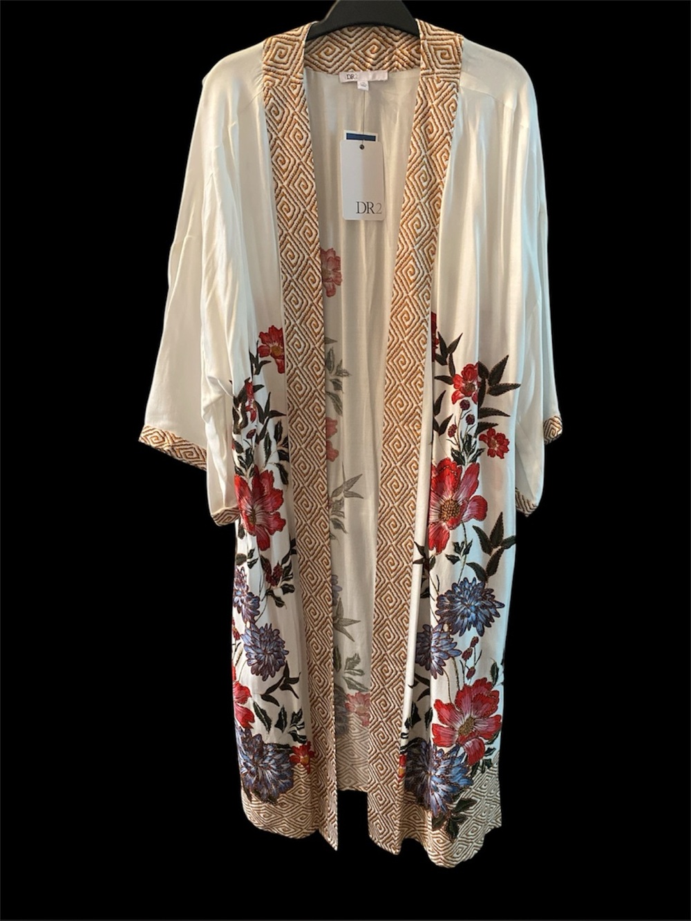 DR2 Open Kimono Cream with Geometric Border & Floral Print Size L/XL BNWT